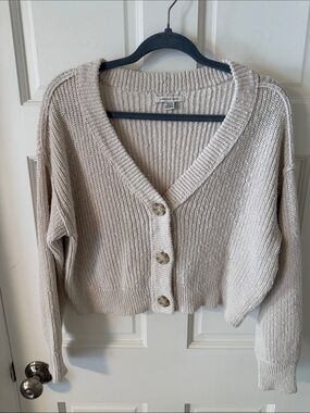 American Eagle Cream Shaker Knit Textured Oversized Cropped Cardigan Sweater S